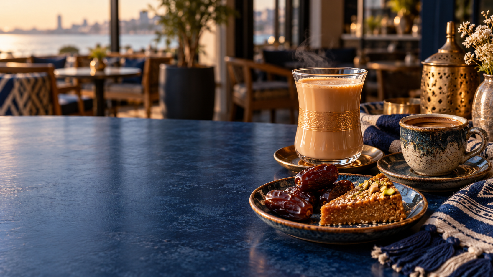 Somali spiced tea, coffee, dates and a sweet served on a blue café table