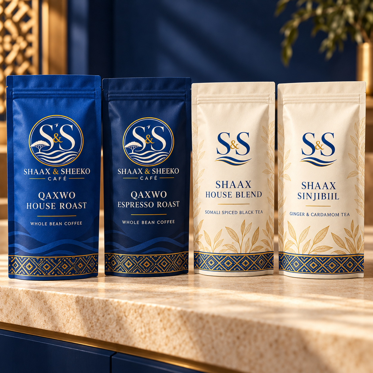 Shaax and Sheeko Qaxwo coffee beans and Somali tea blend packages