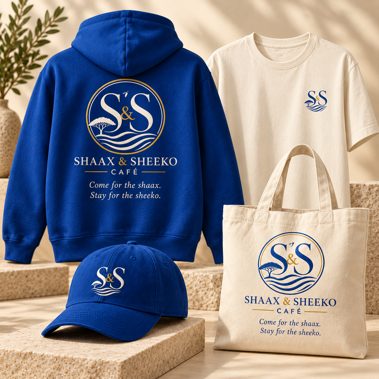 Shaax and Sheeko blue hoodie and hat with a cream T-shirt and tote bag