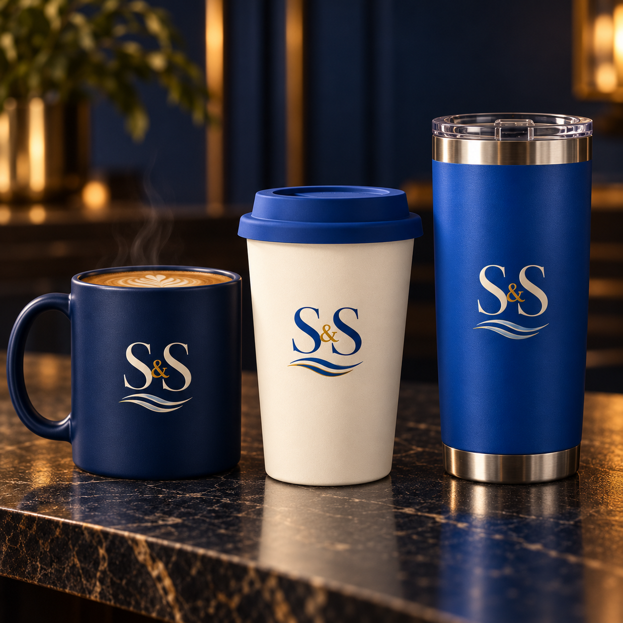 Shaax and Sheeko navy mug, cream reusable cup and blue insulated tumbler